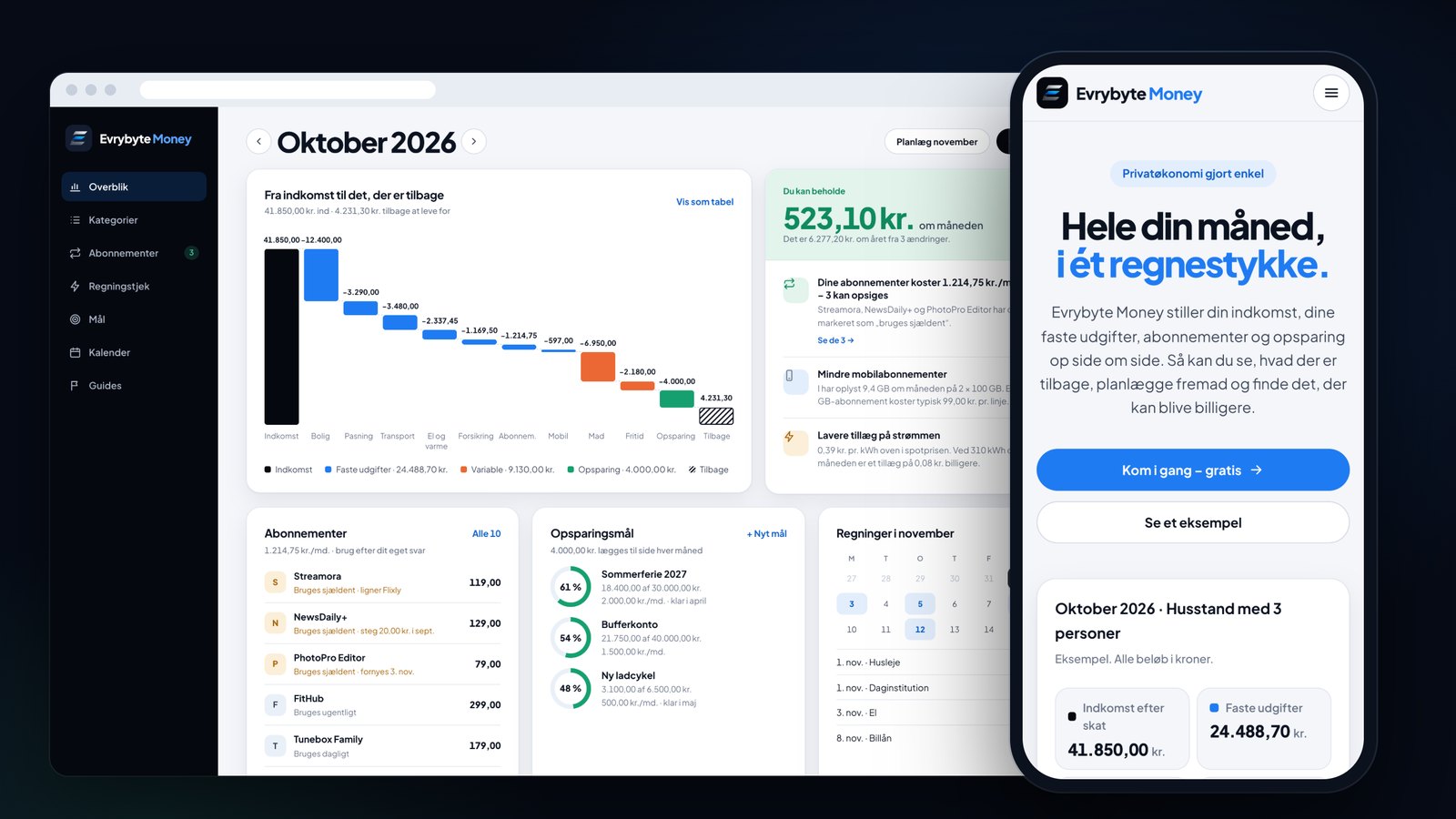Early sketch of Evrybyte Money in Danish, on a computer and a phone: the month stepped from income down to what's left, with three ways to save